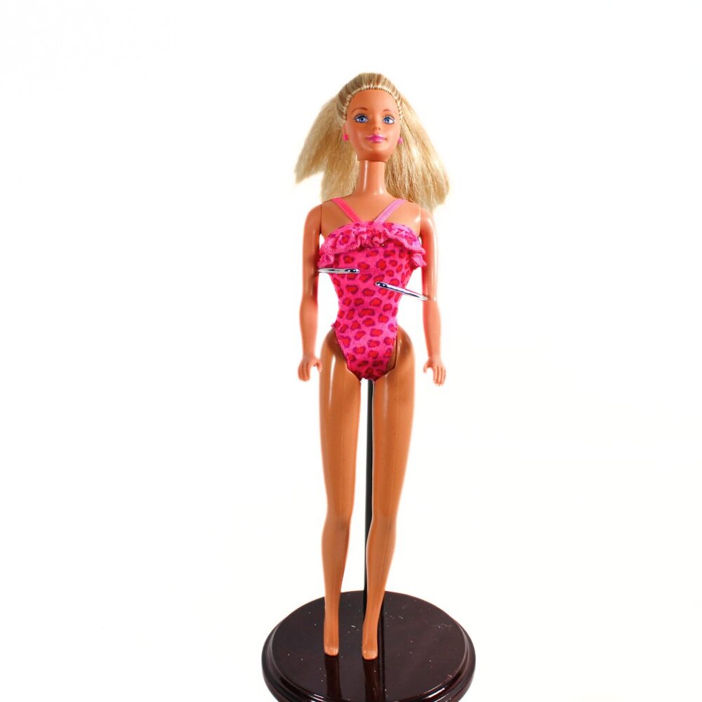 Vintage 1998 Florida Vacation Barbie Pink Leopard-Print Swimsuit Mattel Used